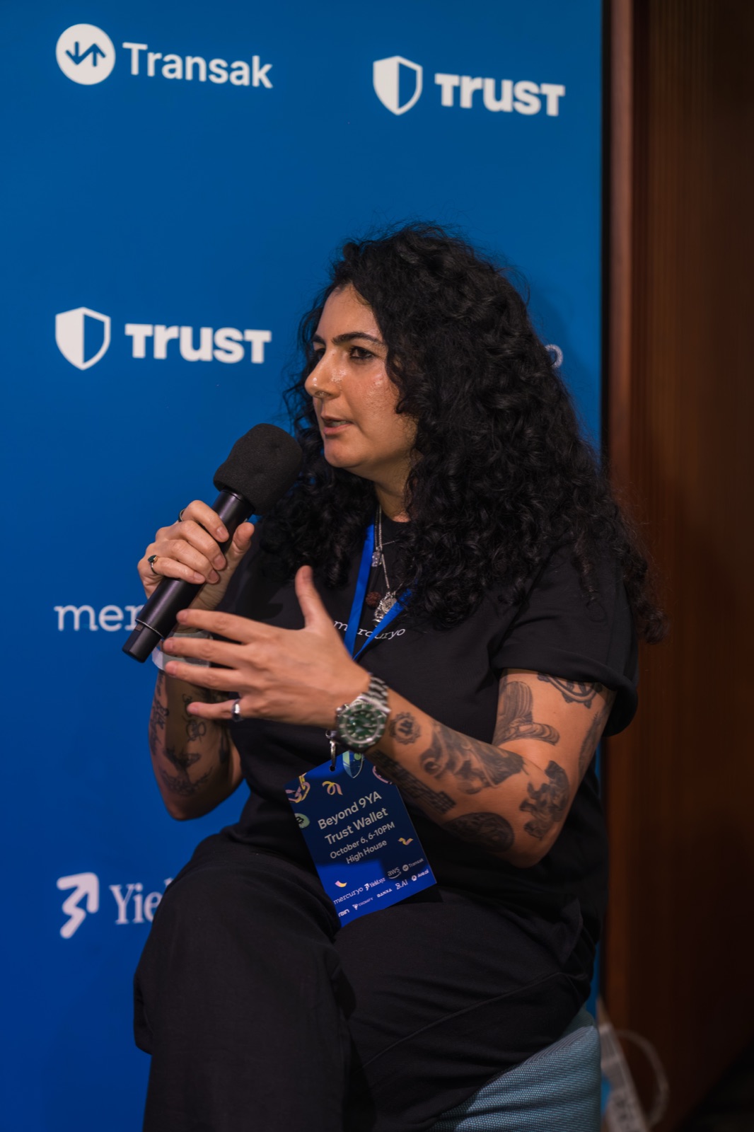 Speaker mid-answer at the Trust Wallet fireside, TOKEN2049 week