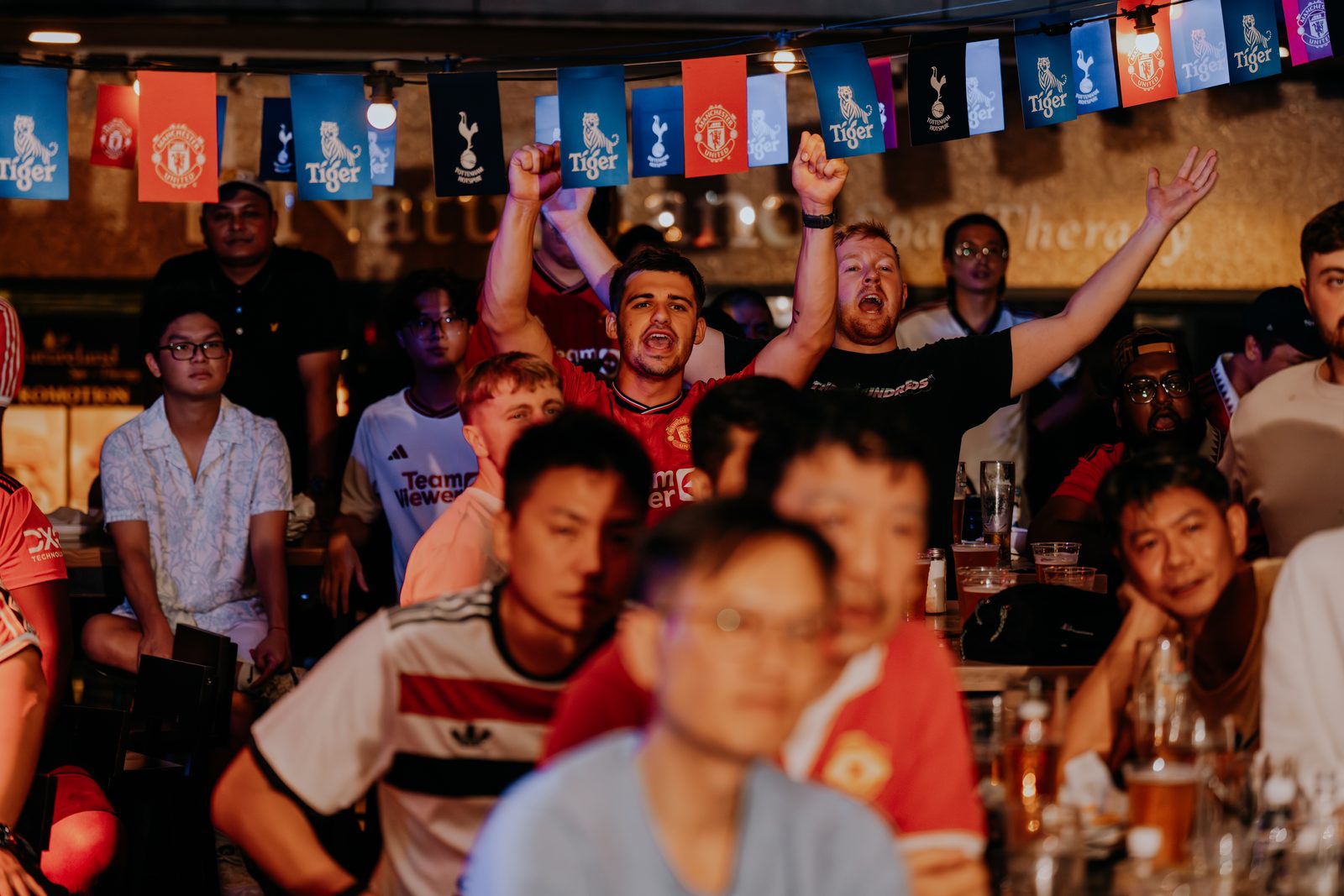 Football crowd in team shirts cheering at a live screening